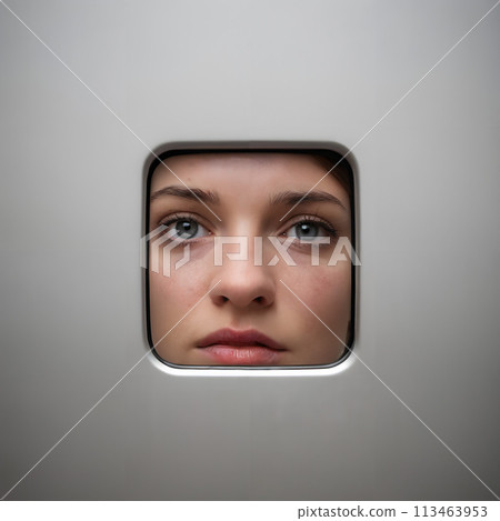 Contemplative Gaze Through the Square Window of Serenity - with copy space Contemplative Gaze Through the Square Window of Serenity - with copy space 113463953