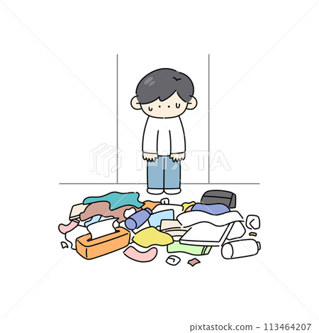 A man who is troubled by a messy room 113464207