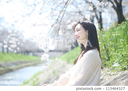 A woman enjoying cherry blossom viewing by the river 113464327