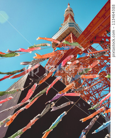 Tokyo Tower and the annual carp streamers at the foot of Tokyo Tower 113464388
