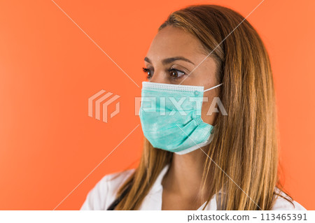 Women doctor with face mask prevent from covid 19 113465391