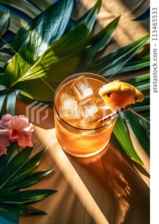 Close up of a drink with ice, pineapple slice, and glass on a wooden table 113465533