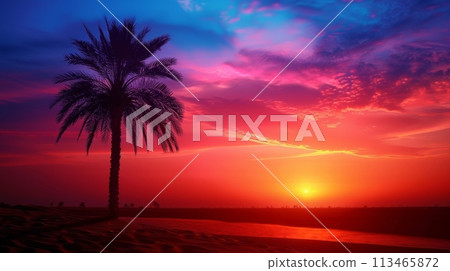 Palm Tree Silhouetted Against Colorful Sunset 113465872