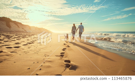 Couple Walking Along Beach With Dog 113465876