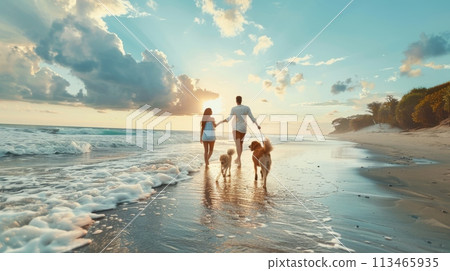 Man and Woman Walking Dogs on Beach 113465935