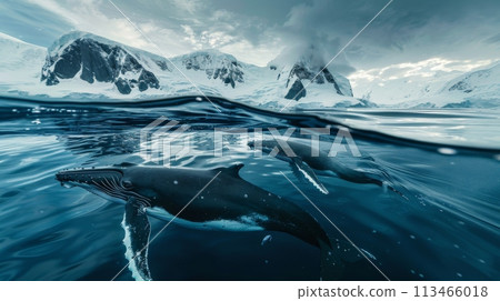 Two Dolphins Swimming in the Ocean With Mountains in the Background Two Dolphins Swimming in the Ocean With Mountains in the Background 113466018