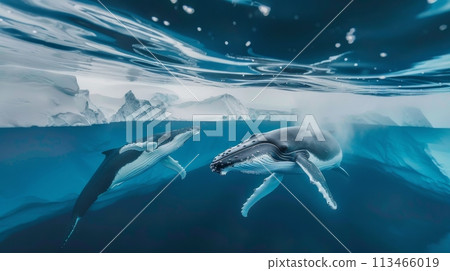 Two Humpback Whales Swimming With Icebergs in Antarctica 113466019