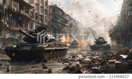 Tanks Engaging in Street Battle 113466027