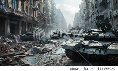 Devastated City Street With Tanks Devastated City Street With Tanks 113466029