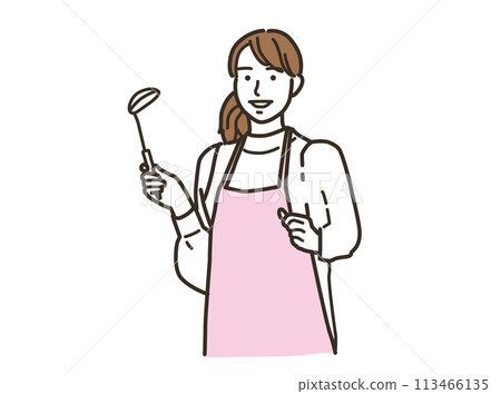 一個圍裙,在廚房裡做飯的女人 一個圍裙,在廚房裡做飯的女人 113466135