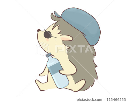 Illustration of a hedgehog holding a plastic bottle 113466233