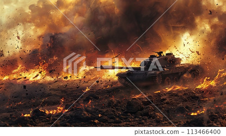 Tank Engulfed in Flames on Battlefield Tank Engulfed in Flames on Battlefield 113466400