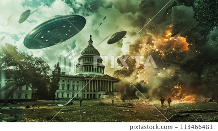 White House Attacked by an aliens. Building in Smoke 113466481