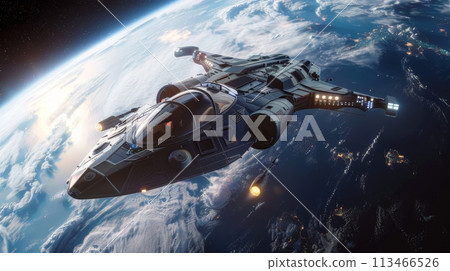 Space Ship Flying Over Earth 113466526