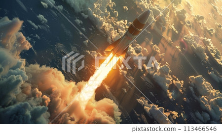 Rocket Launching Into the Sky With Clouds 113466546