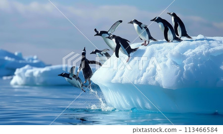 Playful Penguins Jumping Out of Water 113466584