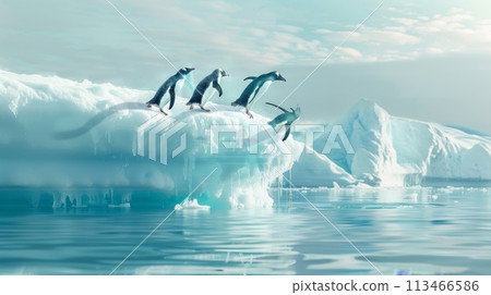 Group of Penguins Standing on Top of an Iceberg 113466586