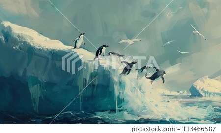 Group of penguins and Birds Flying Over Iceberg 113466587
