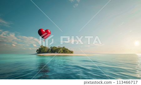 Heart Shaped Balloon Floating Over Small Island Heart Shaped Balloon Floating Over Small Island 113466717