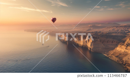 Hot Air Balloon Flying Over Large Body of Water 113466787