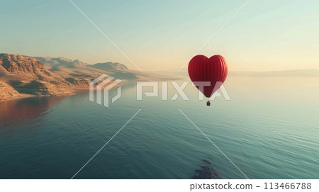 Hot Air Balloon Drifting Over Water 113466788