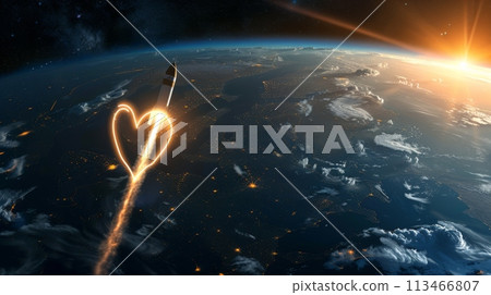 Heart Shaped Rocket Soaring Above Earth 113466807