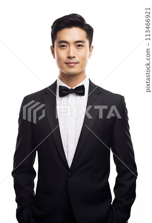 Dapper Elegance: Handsome Asian Man in Tuxedo on White Background. Generative ai Dapper Elegance: Handsome Asian Man in Tuxedo on White Background. Generative ai 113466921