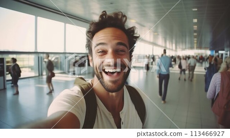 Joyful Young Man Taking Selfie While Boarding Airplane: A Travel Lifestyle Moment. Generative ai 113466927