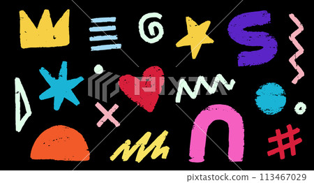 Abstract element shape set. Color graphic modern abstract sticker element. Doodle geometric collage star, crown, heart shape set. Hand drawn texture grunge sketch brush effect. Vector Abstract element shape set. Color graphic modern abstract sticker element. Doodle geometric collage star, crown, heart shape set. Hand drawn texture grunge sketch brush effect. Vector 113467029