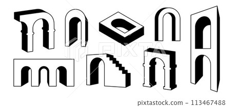 Set of linear surreal arches in perspective. Outline fun geometric element collection. Bold 3d naves, arcs, gates bundle. Trippy shapes bundle for collage, poster, banner, sticker. Vector art pack Set of linear surreal arches in perspective. Outline fun geometric element collection. Bold 3d naves, arcs, gates bundle. Trippy shapes bundle for collage, poster, banner, sticker. Vector art pack 113467488