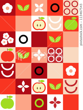 Modern geometric background. Abstract nature: flowers, leaves and fruits, fruits. Set of icons in flat geometric minimalist style. Bauhaus, botany. Seamless pattern. Vector illustration. 113467543