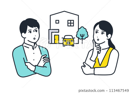 Simple vector illustration of a young couple thinking about a home loan Simple vector illustration of a young couple thinking about a home loan 113467549