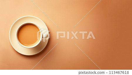 Cappuccino or latte, beige coffee cup top view closeup on brown background. white organic green tea cup on rustic table. Copy space. Banner for design. AI generated 113467618