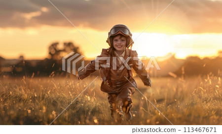 Young Boy Wearing Helmet Running Through Field 113467671