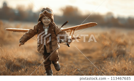 Little Boy Running Through Field With Toy Airplane Little Boy Running Through Field With Toy Airplane 113467685