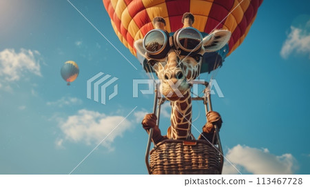 Giraffe Riding Hot Air Balloon in the Sky 113467728