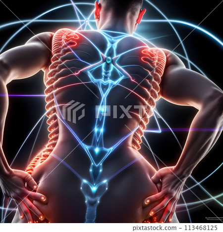 Human Back Pain Illustrated Through Vivid Neon Nervous and Muscular Pathways Human Back Pain Illustrated Through Vivid Neon Nervous and Muscular Pathways 113468125