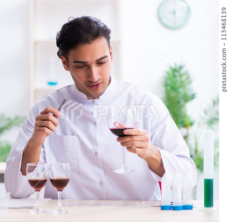 Male chemist examining wine samples at lab Male chemist examining wine samples at lab 113468139