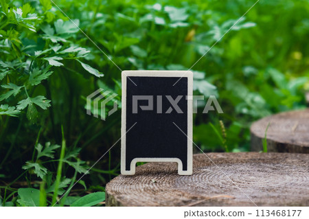 Blackboard empty copy space for advertisement on farm harvesting background of eco-friendly sustainable growth parsley. Place for text template mock up farm core healthy agricultural Blackboard empty copy space for advertisement on farm harvesting background of eco-friendly sustainable growth parsley. Place for text template mock up farm core healthy agricultural 113468177