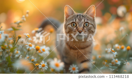 貓在春天的草地上漫步 AI 生成的圖像 113468218