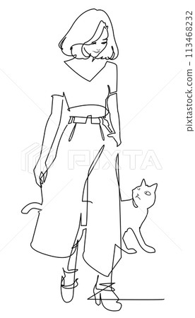 One-stroke drawing - cat and woman 113468232