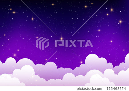Night cloudy sky. Purple and blue abstract space with stars and sparkles. Cute dreamy wallpaper with magic light. Dark evening heaven landscape. Vector gradient sunrise with twilight calm dusk. Night cloudy sky. Purple and blue abstract space with stars and sparkles. Cute dreamy wallpaper with magic light. Dark evening heaven landscape. Vector gradient sunrise with twilight calm dusk. 113468554