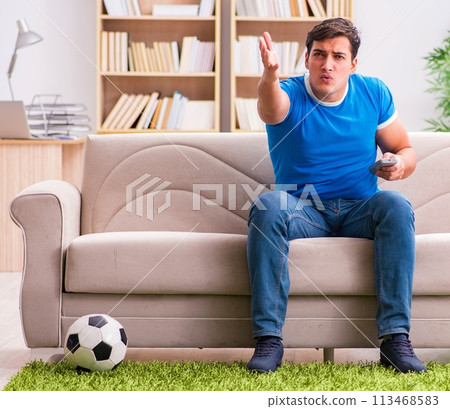 Man watching football at home sitting in couch 113468583
