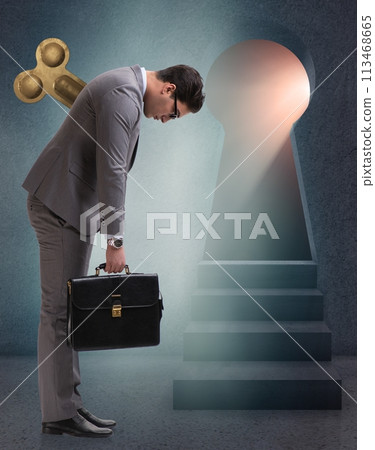 Businessman with key in hardworking concept 113468665