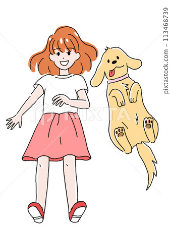 一隻狗和一個女孩仰在一起 113468739