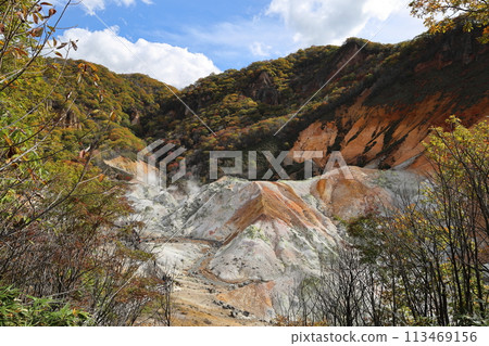 Jigokudani in Noboribetsu, Hokkaido, seen from the observation deck Jigokudani in Noboribetsu, Hokkaido, seen from the observation deck 113469156