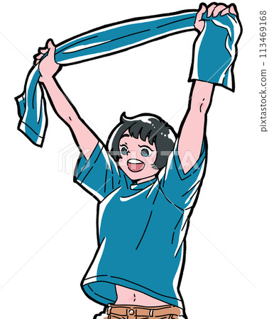 A girl holding a towel and enjoying watching sports A girl holding a towel and enjoying watching sports 113469168