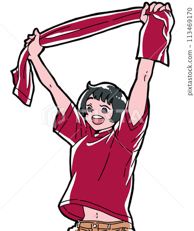 拿著毛巾享受觀看運動比賽的女孩 113469170