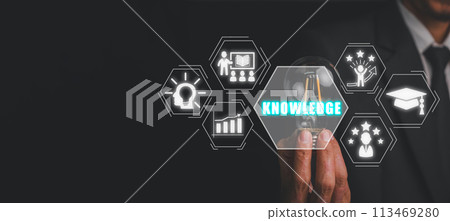 Knowledge concept, Businessman hand holding lightbulb with knowledge icon on virtual screen. 113469280