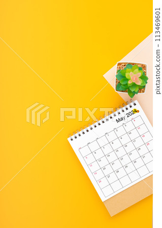 Calendar page for May 2024 and houseplant on yellow background. 113469601